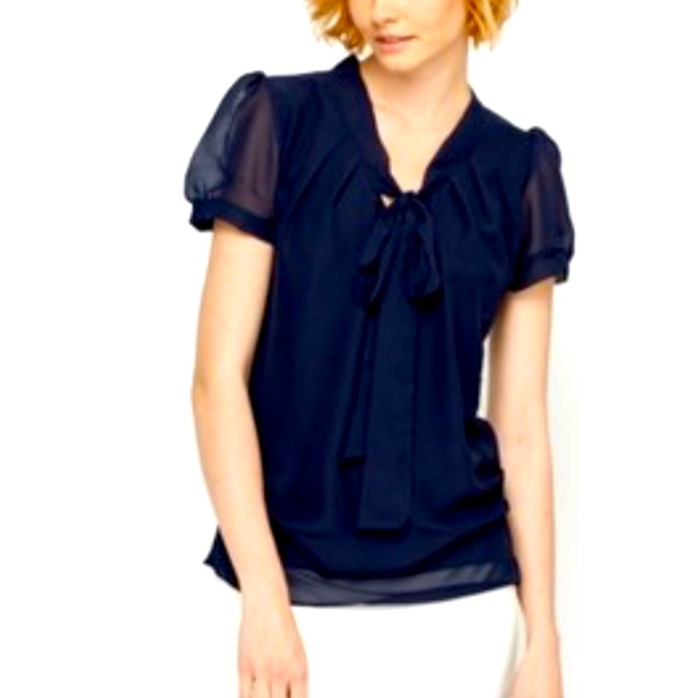 NEW ISPIRI 💯 Silk V Neck Bow Ruffles Sleeve Full Linen Black Blouse Size…